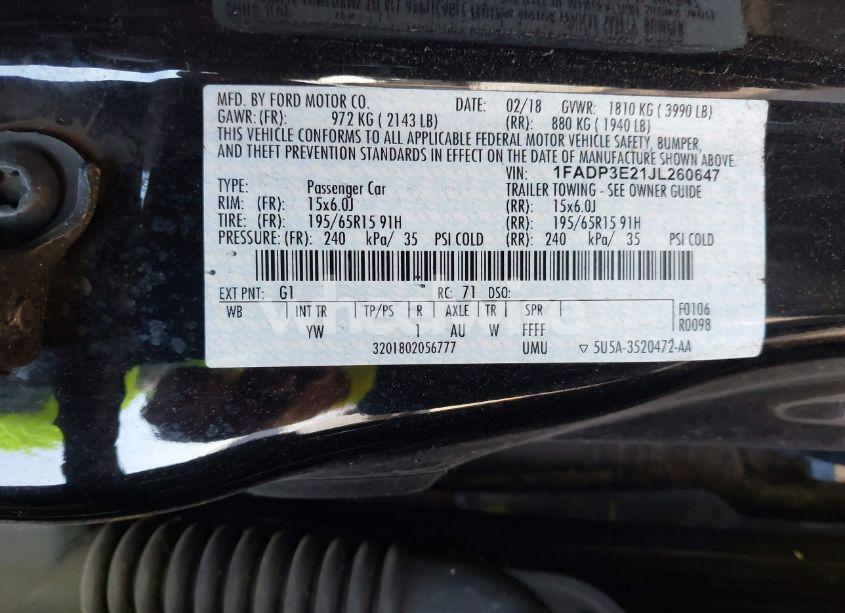 Photo 9 of 2018 Ford Focus S (VIN 1FADP3E21JL260647)