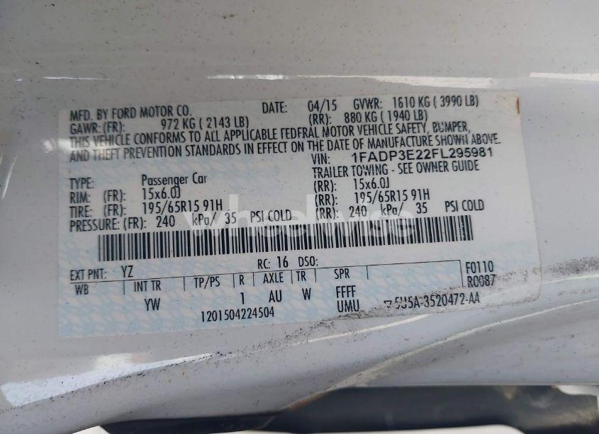 Photo 9 of 2015 Ford Focus S (VIN 1FADP3E22FL295981)