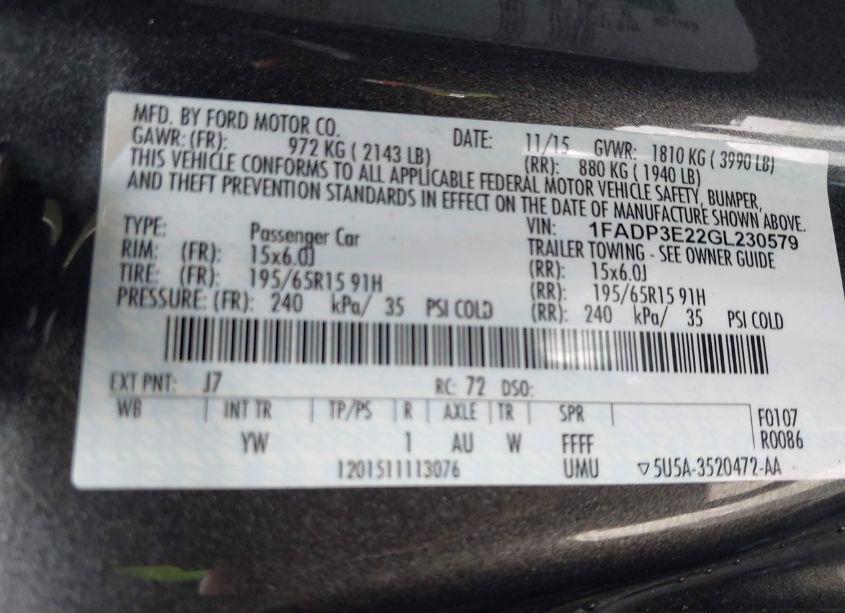 Photo 9 of 2016 Ford Focus S (VIN 1FADP3E22GL230579)