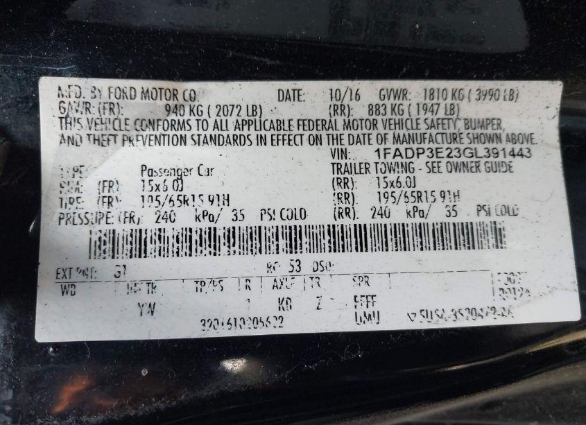 Photo 9 of 2016 Ford Focus S (VIN 1FADP3E23GL391443)