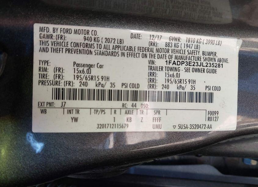 Photo 9 of 2018 Ford Focus S (VIN 1FADP3E23JL235281)