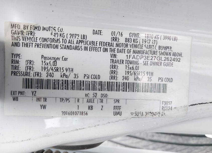 Photo 9 of 2016 Ford Focus S (VIN 1FADP3E27GL262492)