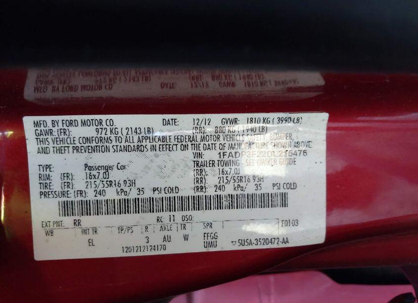 Photo 9 of 2013 Ford Focus SE (VIN 1FADP3F22DL215476)