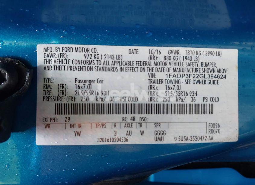 Photo 9 of 2016 Ford Focus SE (VIN 1FADP3F22GL394624)