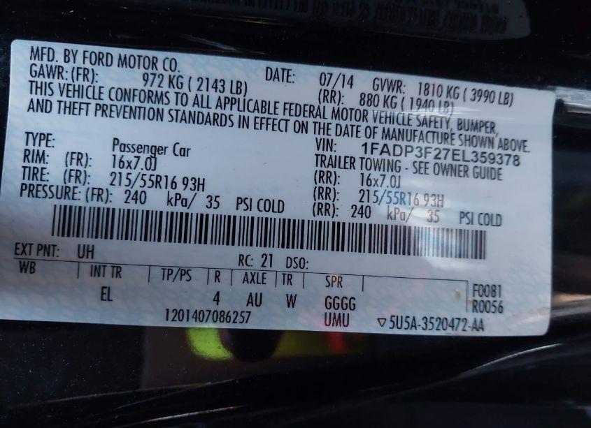 Photo 9 of 2014 Ford Focus SE (VIN 1FADP3F27EL359378)