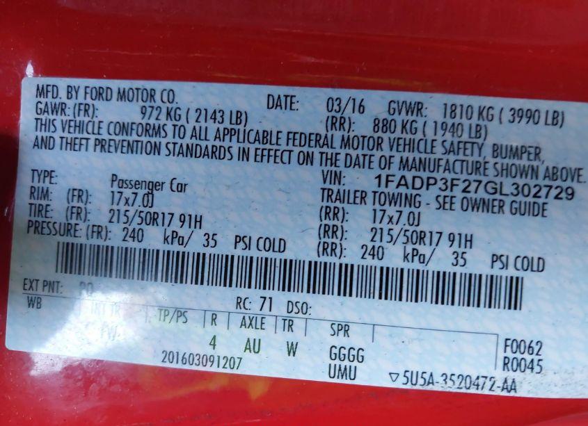 Photo 9 of 2016 Ford Focus SE (VIN 1FADP3F27GL302729)