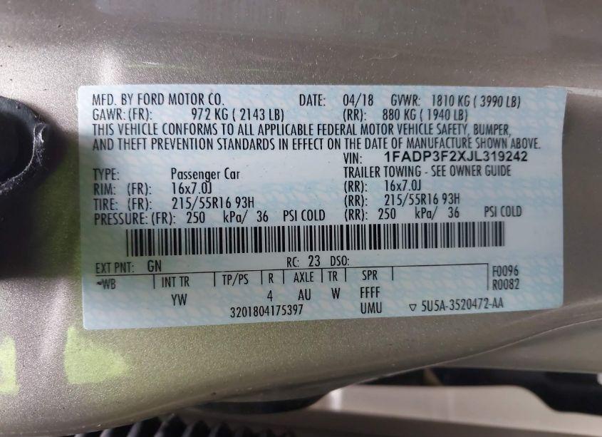 Photo 9 of 2018 Ford Focus SE (VIN 1FADP3F2XJL319242)