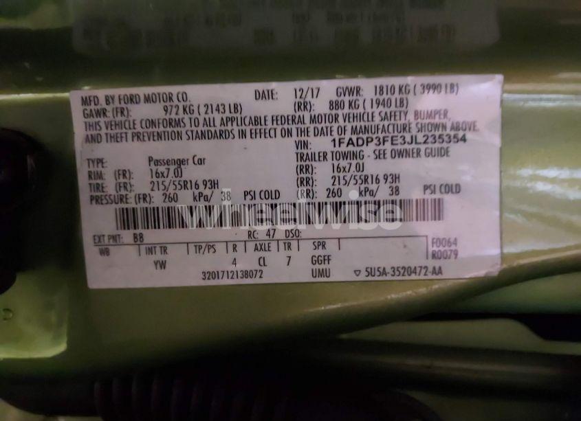 Photo 9 of 2018 Ford Focus SE (VIN 1FADP3FE3JL235354)