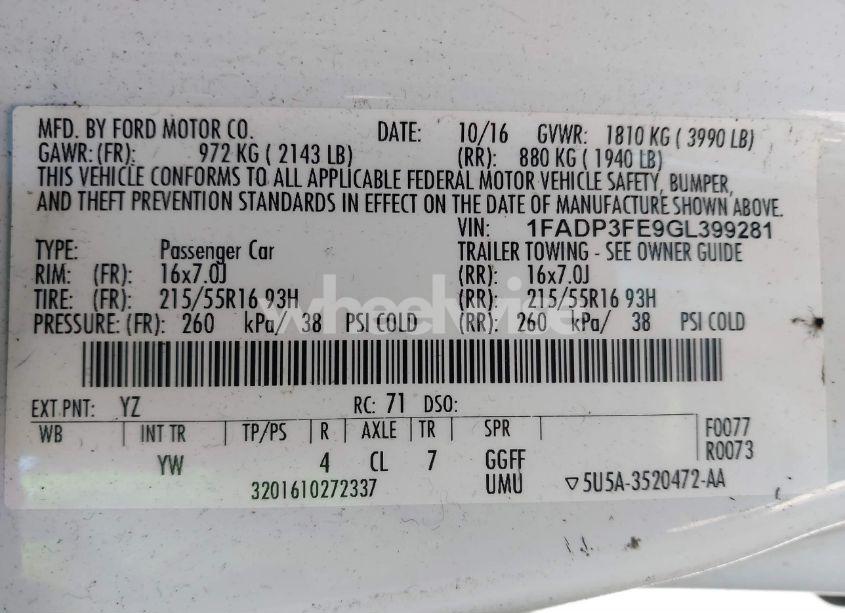 Photo 9 of 2016 Ford Focus SE (VIN 1FADP3FE9GL399281)