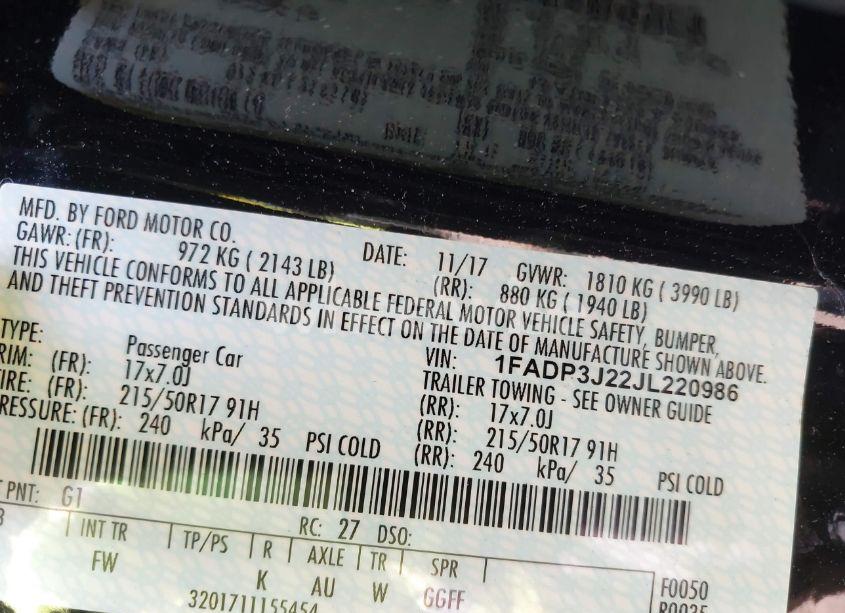 Photo 9 of 2018 Ford Focus TITANIUM (VIN 1FADP3J22JL220986)