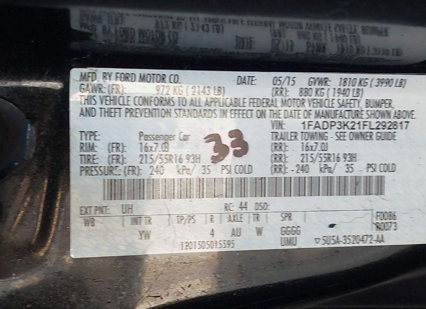 Photo 9 of 2015 Ford Focus SE (VIN 1FADP3K21FL292817)