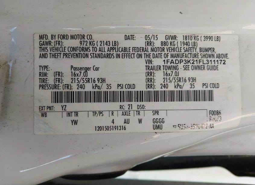 Photo 9 of 2015 Ford Focus SE (VIN 1FADP3K21FL311172)