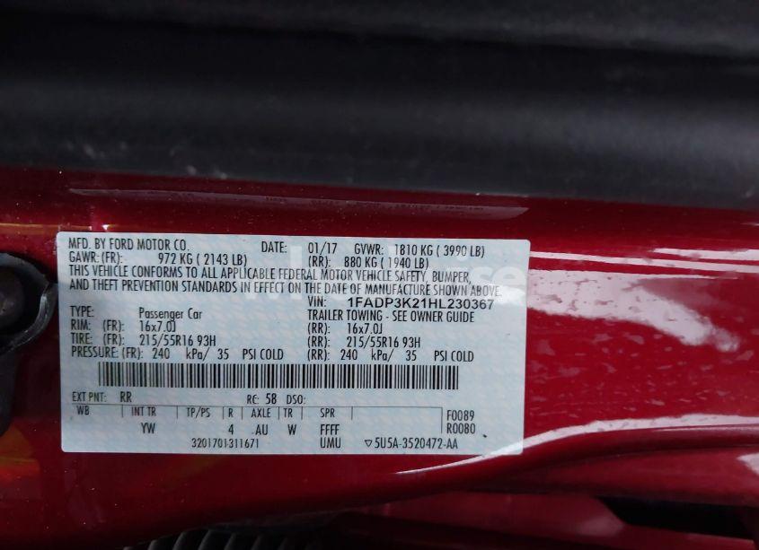 Photo 9 of 2017 Ford Focus SE (VIN 1FADP3K21HL230367)