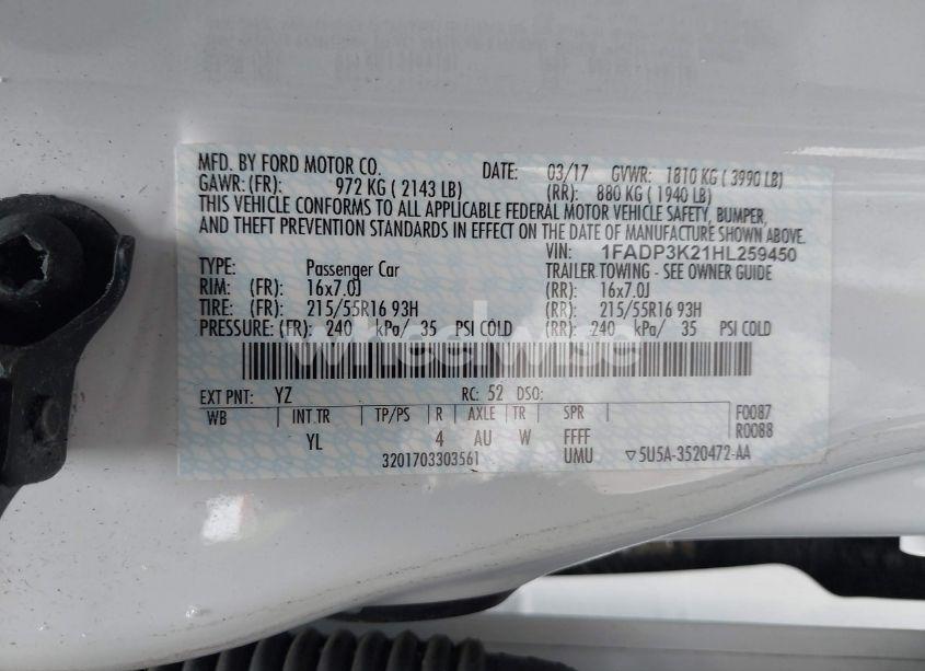 Photo 9 of 2017 Ford Focus SE (VIN 1FADP3K21HL259450)