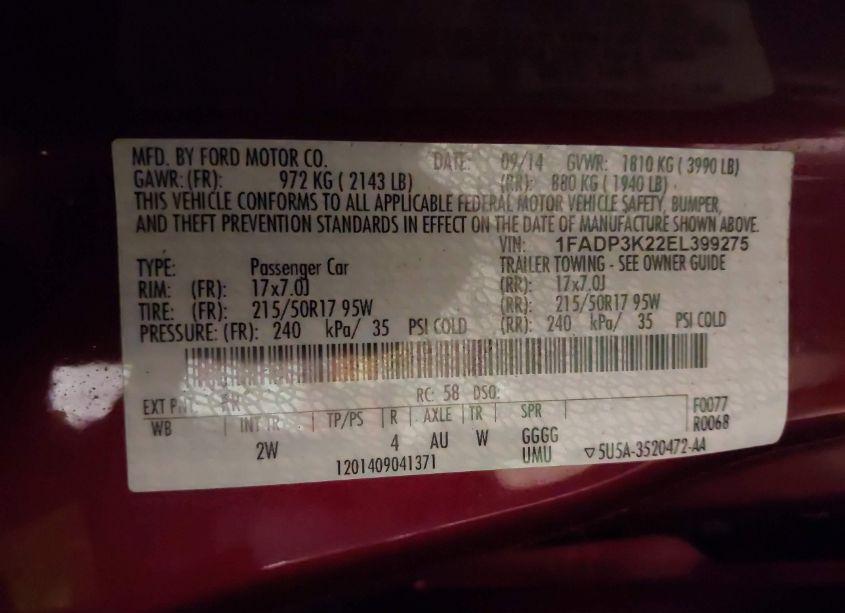 Photo 9 of 2014 Ford Focus SE (VIN 1FADP3K22EL399275)