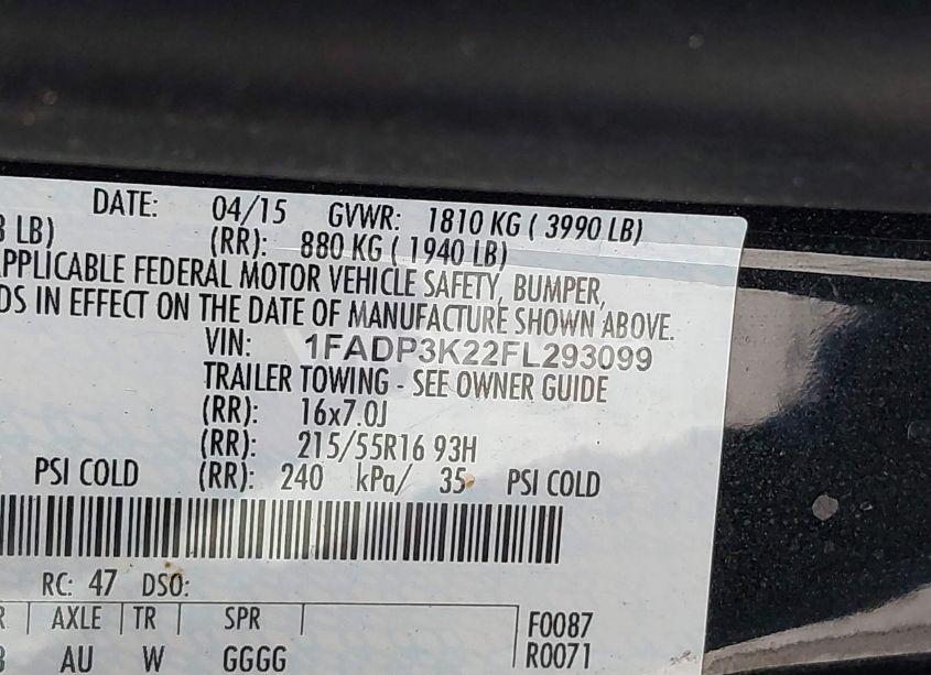 Photo 9 of 2015 Ford Focus SE (VIN 1FADP3K22FL293099)