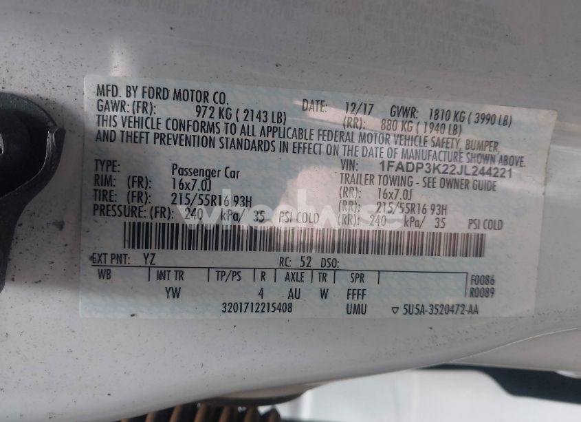 Photo 9 of 2018 Ford Focus SE (VIN 1FADP3K22JL244221)