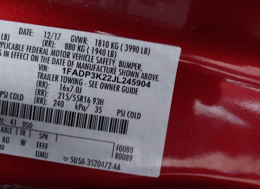 Photo 9 of 2018 Ford Focus SE (VIN 1FADP3K22JL245904)