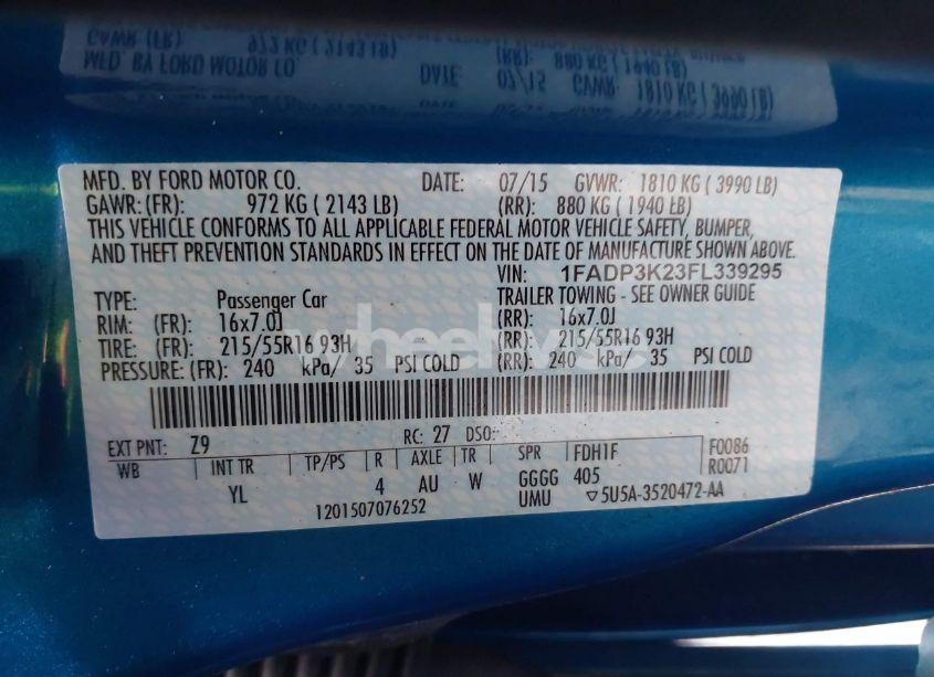Photo 9 of 2015 Ford Focus SE (VIN 1FADP3K23FL339295)