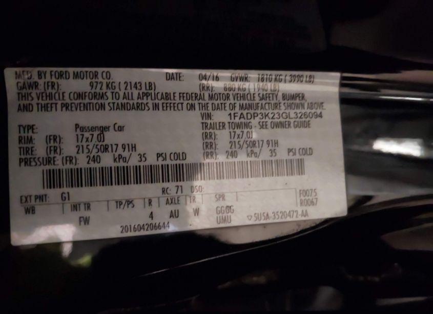 Photo 9 of 2016 Ford Focus SE (VIN 1FADP3K23GL326094)