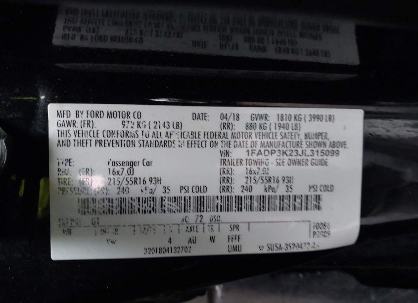 Photo 9 of 2018 Ford Focus SE (VIN 1FADP3K23JL315099)