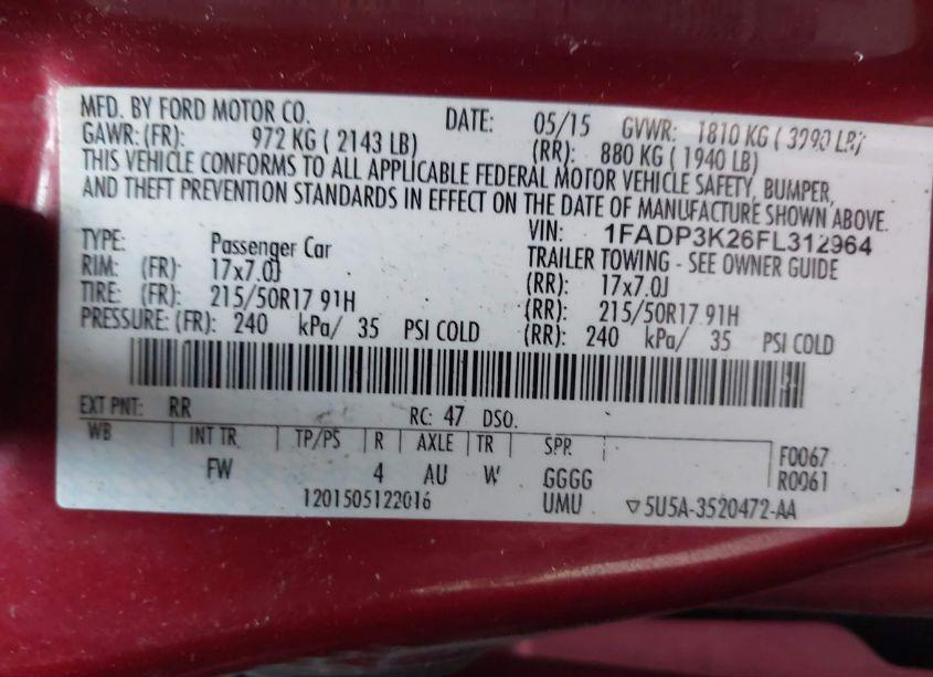 Photo 9 of 2015 Ford Focus SE (VIN 1FADP3K26FL312964)