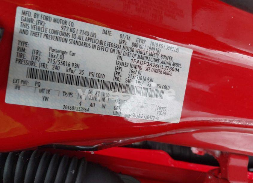 Photo 9 of 2016 Ford Focus SE (VIN 1FADP3K26GL276694)