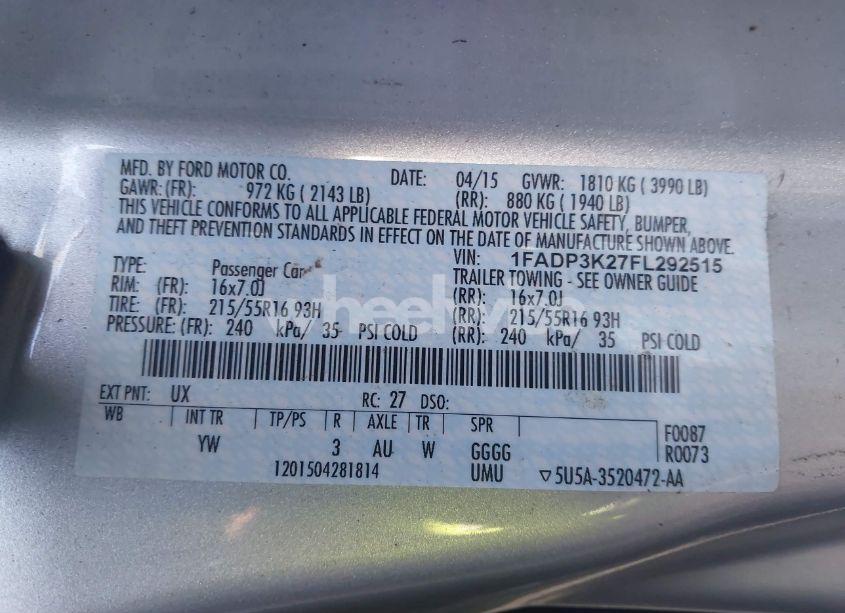 Photo 9 of 2015 Ford Focus SE (VIN 1FADP3K27FL292515)