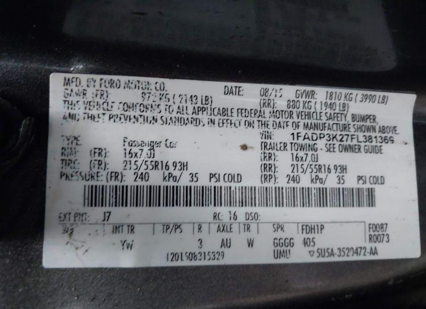 Photo 9 of 2015 Ford Focus SE (VIN 1FADP3K27FL381369)