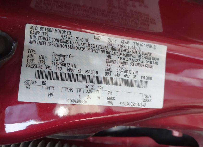 Photo 9 of 2016 Ford Focus SE (VIN 1FADP3K27GL318130)