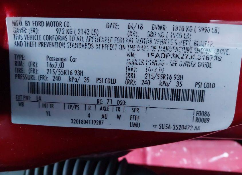 Photo 9 of 2018 Ford Focus SE (VIN 1FADP3K27JL316739)