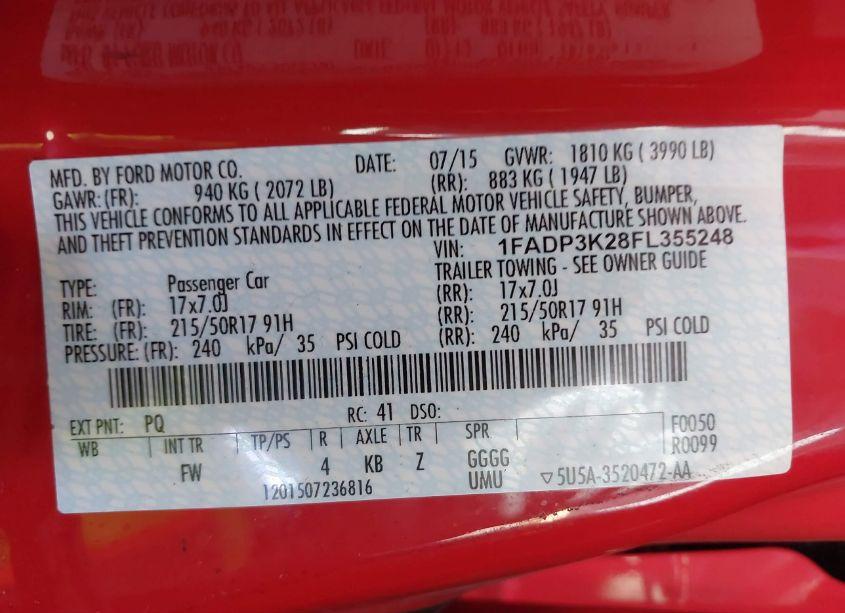 Photo 9 of 2015 Ford Focus SE (VIN 1FADP3K28FL355248)