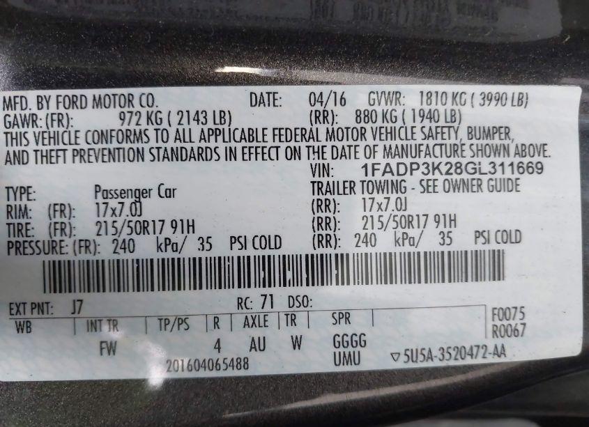 Photo 9 of 2016 Ford Focus SE (VIN 1FADP3K28GL311669)