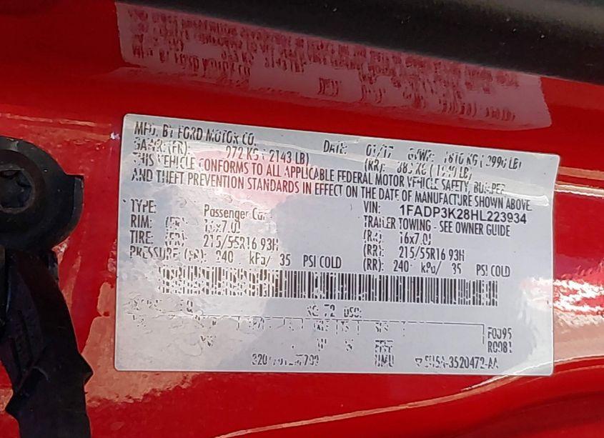 Photo 9 of 2017 Ford Focus SE (VIN 1FADP3K28HL223934)