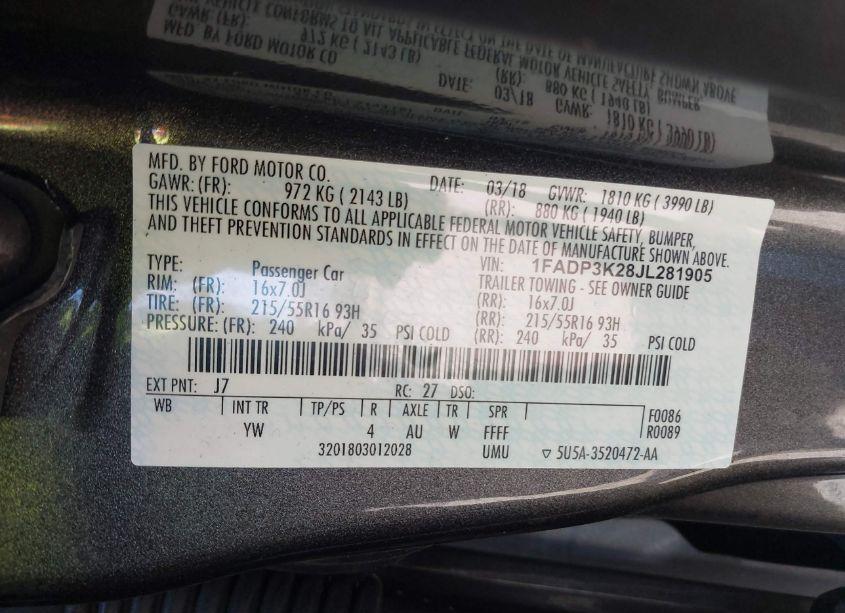 Photo 9 of 2018 Ford Focus SE (VIN 1FADP3K28JL281905)