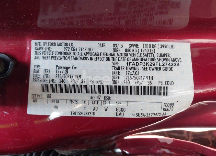 Photo 9 of 2015 Ford Focus SE (VIN 1FADP3K29FL274226)