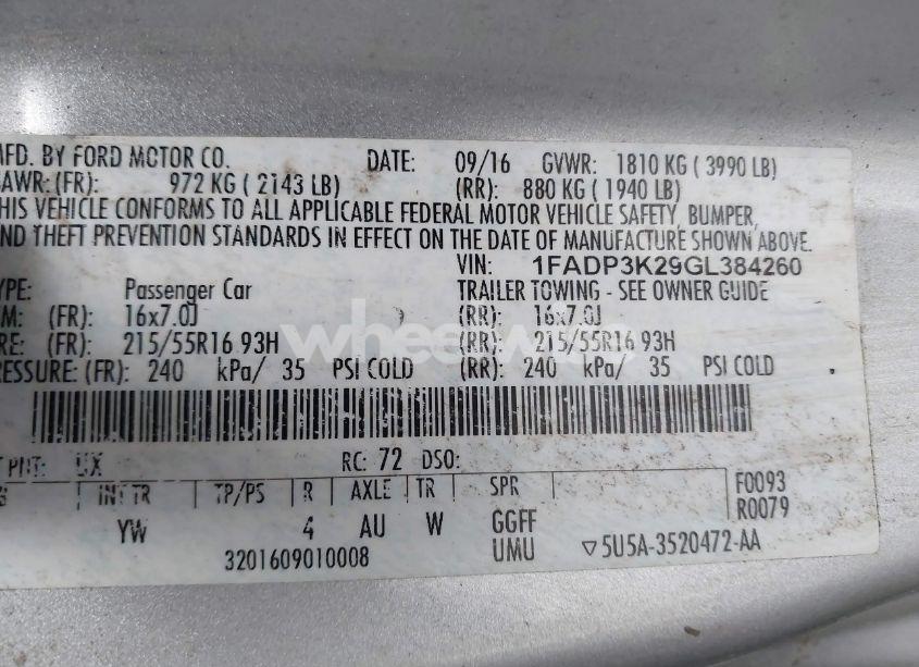 Photo 9 of 2016 Ford Focus SE (VIN 1FADP3K29GL384260)