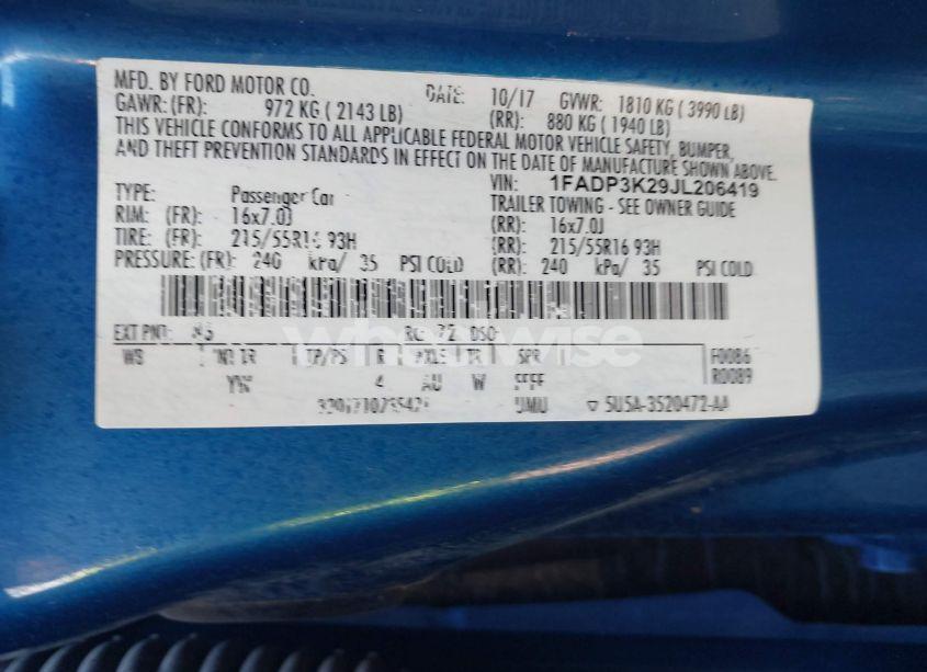 Photo 9 of 2018 Ford Focus SE (VIN 1FADP3K29JL206419)