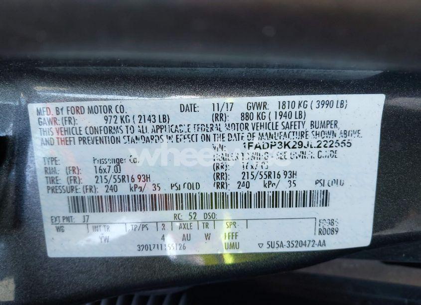 Photo 9 of 2018 Ford Focus SE (VIN 1FADP3K29JL222555)