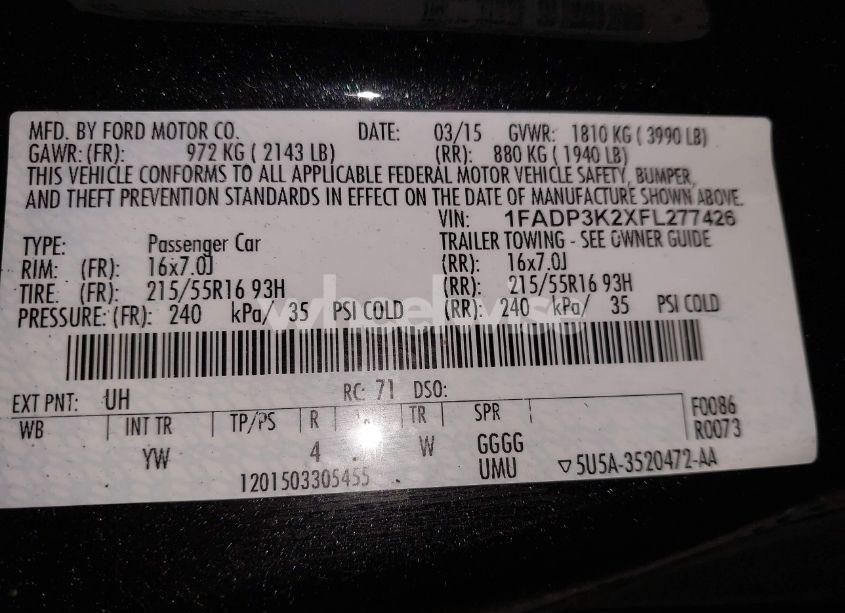 Photo 9 of 2015 Ford Focus SE (VIN 1FADP3K2XFL277426)