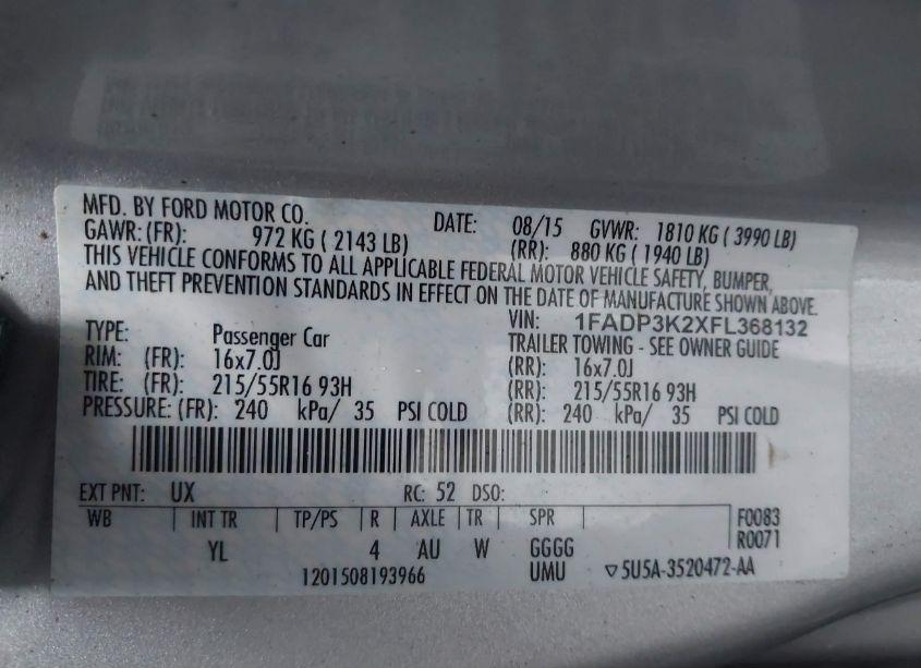 Photo 9 of 2015 Ford Focus SE (VIN 1FADP3K2XFL368132)