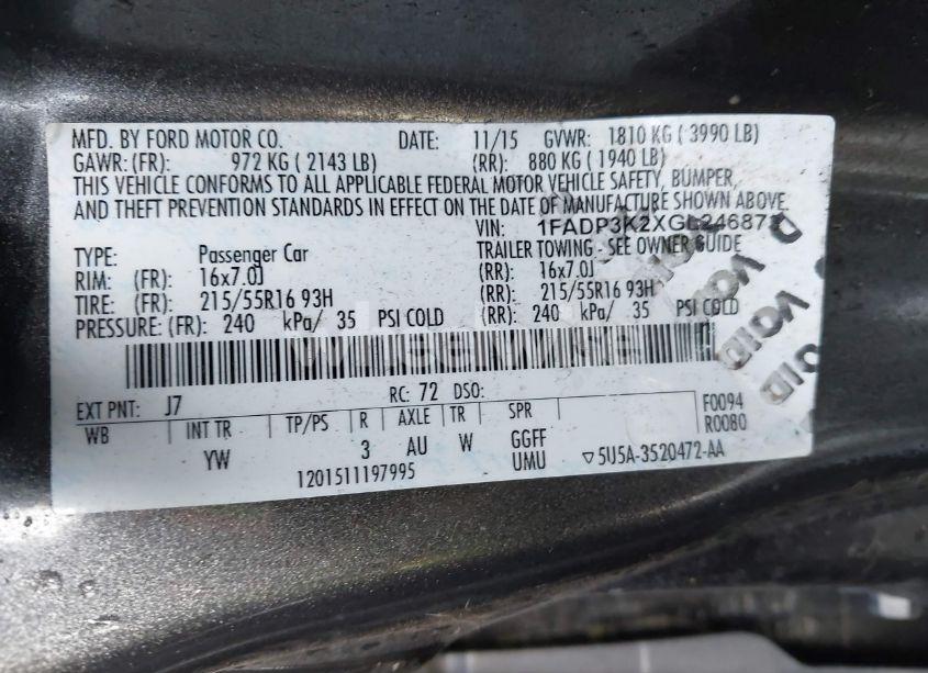 Photo 9 of 2016 Ford Focus SE (VIN 1FADP3K2XGL246873)