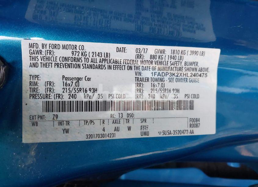 Photo 9 of 2017 Ford Focus SE (VIN 1FADP3K2XHL240475)