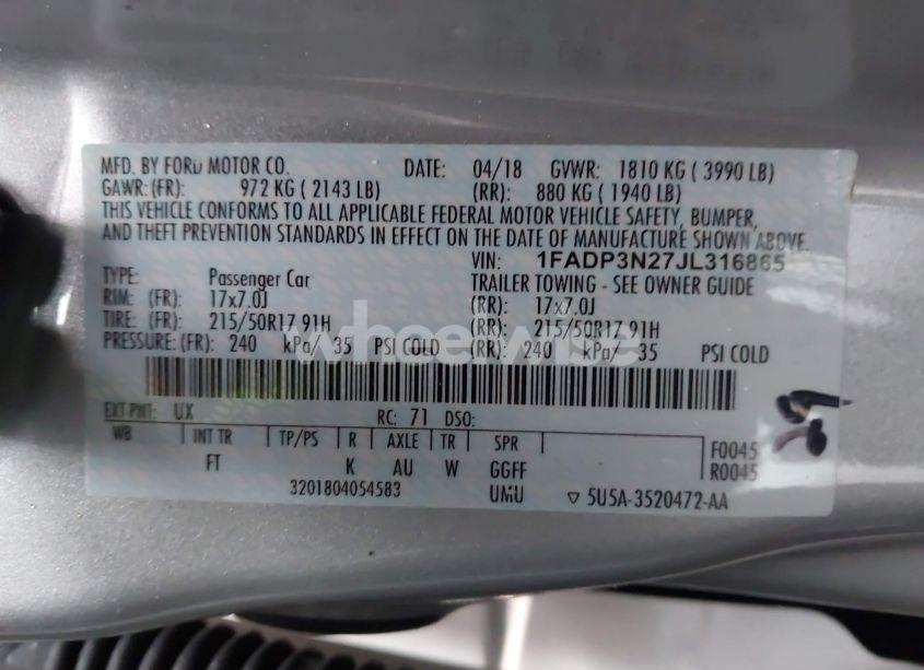 Photo 9 of 2018 Ford Focus TITANIUM (VIN 1FADP3N27JL316865)