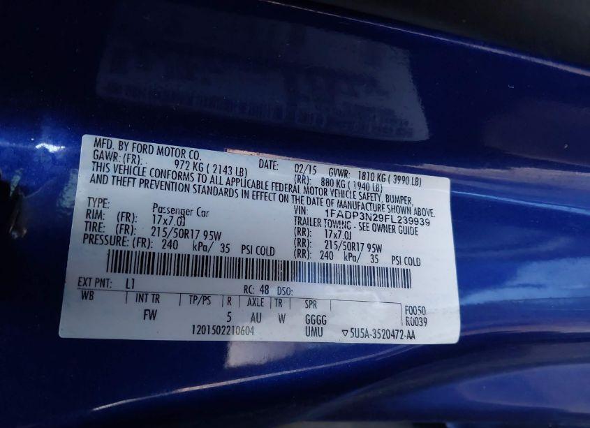 Photo 9 of 2015 Ford Focus TITANIUM (VIN 1FADP3N29FL239939)