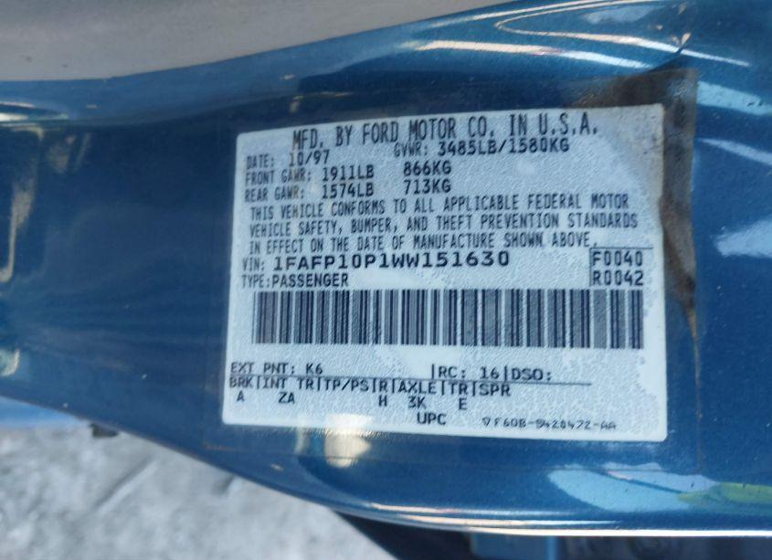 Photo 9 of 1998 Ford Escort LX (VIN 1FAFP10P1WW151630)