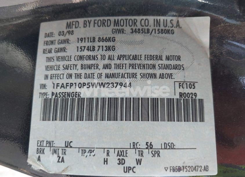 Photo 9 of 1998 Ford Escort LX (VIN 1FAFP10P5WW237944)