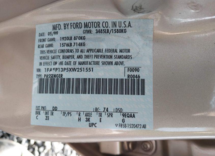 Photo 9 of 1999 Ford Escort SE (VIN 1FAFP13P5XW251551)