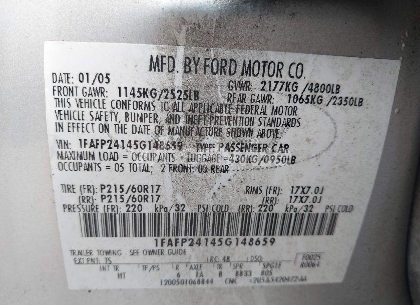 Photo 9 of 2005 Ford Five HUNDRED SEL (VIN 1FAFP24145G148659)