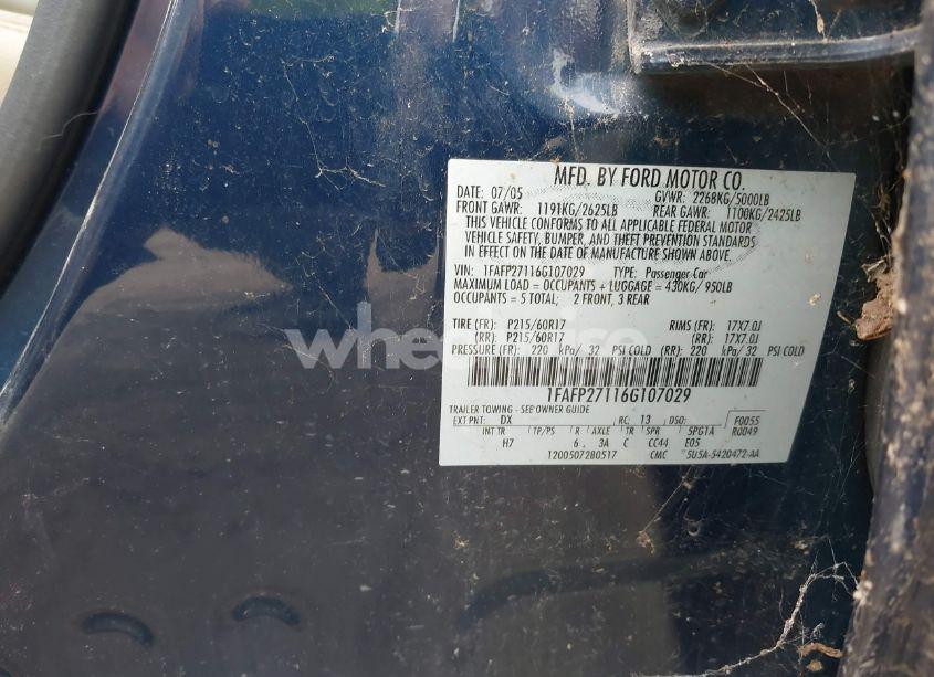 Photo 9 of 2006 Ford Five HUNDRED SEL (VIN 1FAFP27116G107029)